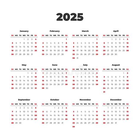 Simple 2025 Year Calendar Stock Vector Illustration Of Office 116053238