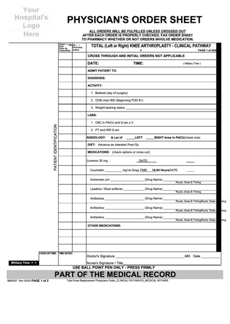 Physicians Order Sheet Printable Pdf Download