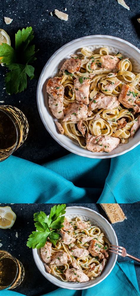 Add the remaining butter and garlic and cook for a few seconds, until the garlic is fragrant then pour in the cream, lemon juice (start with 2 tablespoons and add more if you wish), parsley and season to. Salmon Pasta with a Creamy Garlic Sauce