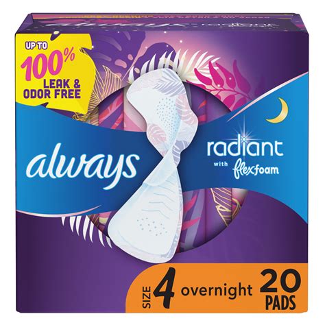 Always Radiant Overnight Pads With Wings Scented Size 4 20 Ct