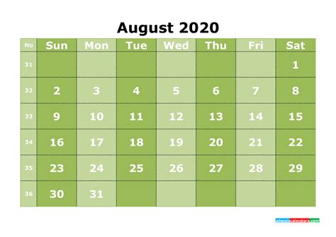 Free Printable August 2020 Calendar Template Word