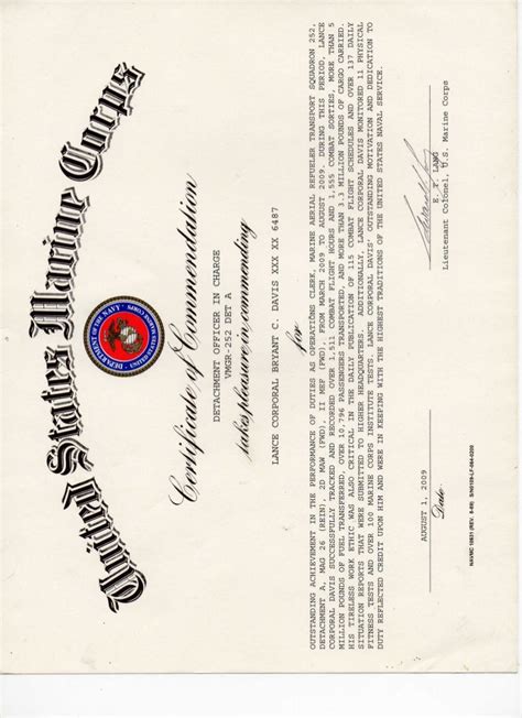 Usmc Certificate Of Commendation Example