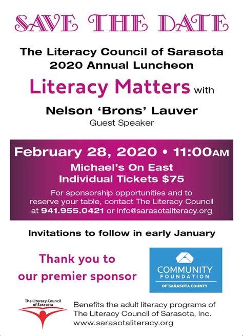Literacy Council Of Sarasota 2020 Luncheon Save The Date Literacy