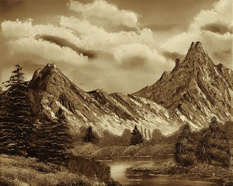 Rocky Mountain Tranquil Escape Sepia Painting By Claude Beaulac