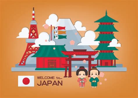 Ilustración Japonesa Con Hito De Japón Y Pareja En Kimono Bandera De
