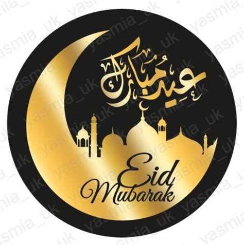35 Eid Mubarak Stickers Labels Black Gold Foil Masjid Crescent Eid