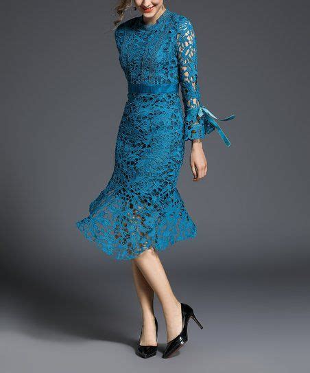 Coeur De Vague Blue Lace Tie Sleeve Sheath Dress Women Dresses