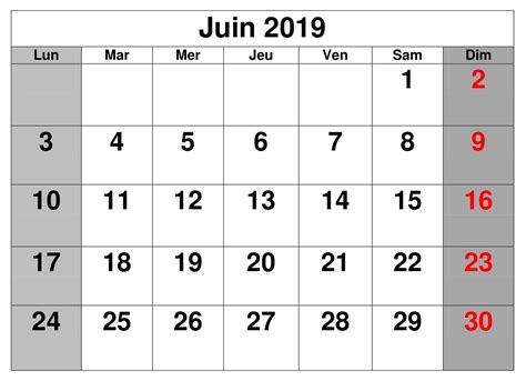 Calendrier Juin 2019 À Imprimer