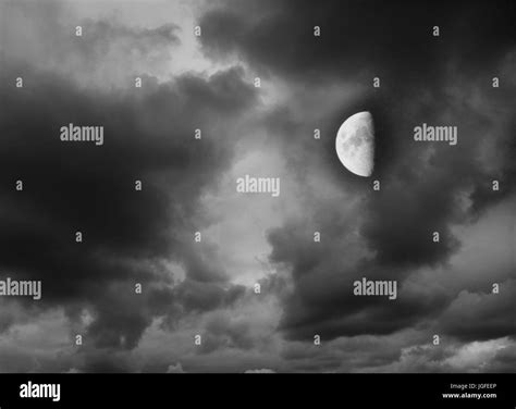 Moon In The Dark Cloudy Sky Gloomy Landscape Stock Photo Alamy