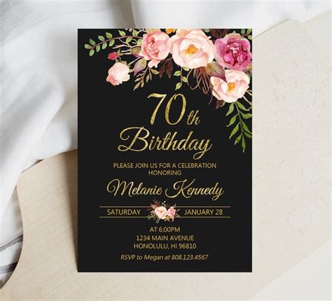 Any Age 70th Birthday Invitation For Women Pink Floral Black And Gold Elegant Birthday Invite