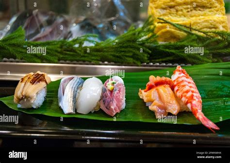 Sushi Selection On A Leaf Plate At A Restaurant In The Former Tsukiji
