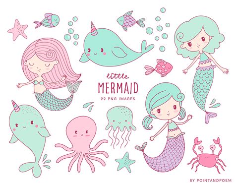 Mermaid Clipart Cute Mermaids And Sea Creatures Hand Drawn Etsy Norway