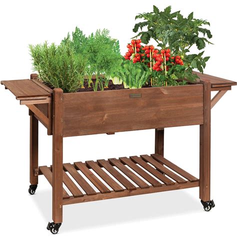 Pre Stained Mobile Raised Garden Bed Elevated Wood Planter Stand