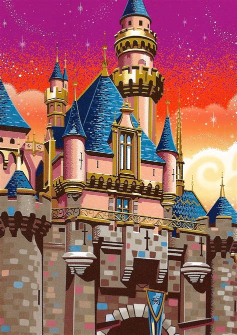 my favorite disney postcards artwork of cinderella s castle and sleeping beauty castle by jeff
