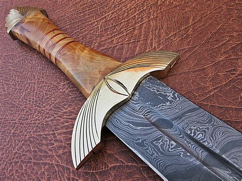 Handmade Damascus Defender Sword Engraved Brass Bolster Olive Wood Handle