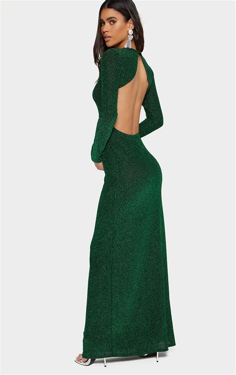 Green Glitter Long Sleeve High Neck Backless Maxi Dress Prettylittlething