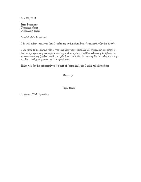Resignation Letter Due To Relocation After Marriage Templates At