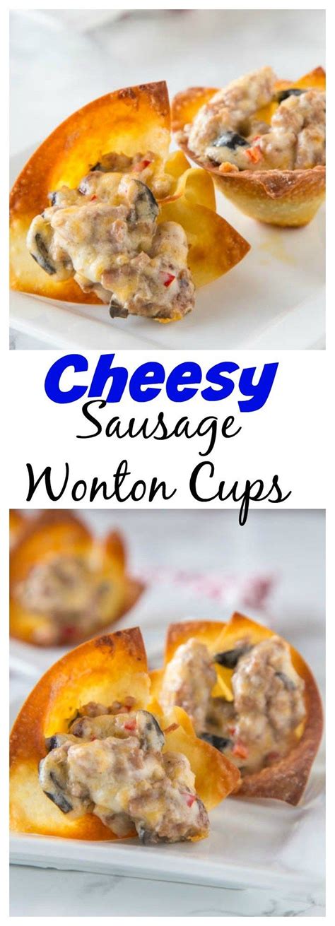 Recipes with egg roll wrappers. Cheesy Sausage Wonton Cups - Baked crispy wonton cups filled with a cheesy sausage mixture and ...
