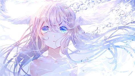 Download 1280x720 Anime Girl Crying Tears Wings Underwater Bubbles