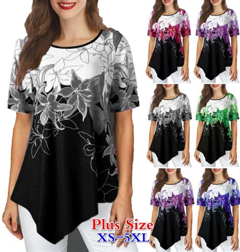 Womens Casual Floral Print Short Sleeve Blouse Tops T Shirts Plus Size