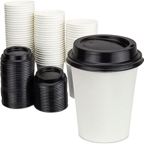 100 Pack 8 Oz Disposable White Paper Cups With Black Lids