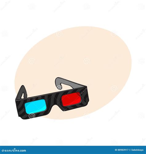 Blue And Red Stereoscopic 3d Glasses In Black Plastic Frame Stock
