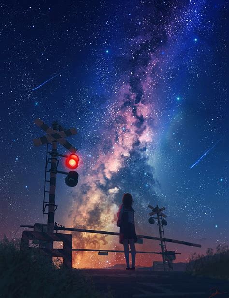 Starry Sky Anime Galaxy Stars Shooting Stars Railway Crossing 720p