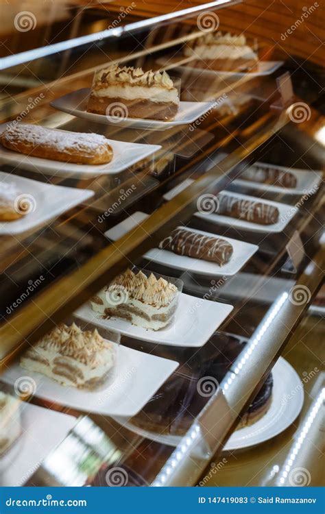 Glass Showcase With A Pastries In The Restaurant Stock Image Image Of