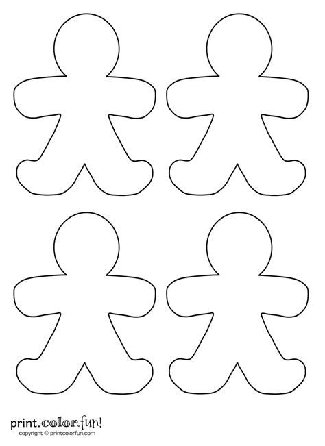 Blank gingerbread man coloring page. Four blank gingerbread men - Print Color Fun!