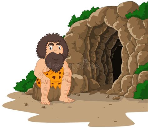 Cartoon Caveman Sitting With Cave Background Stock Vector
