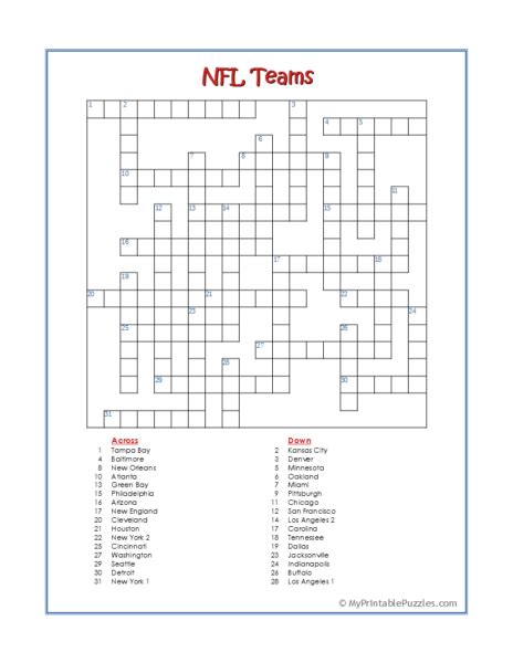 Nfl Teams Crossword Puzzle My Printable Puzzles
