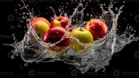 Ai Generated Water Splash With Red And Green Apples Isolated On Black