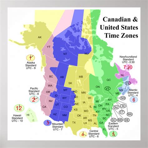 Canadian And United States Political Time Zone Map Poster Zazzle