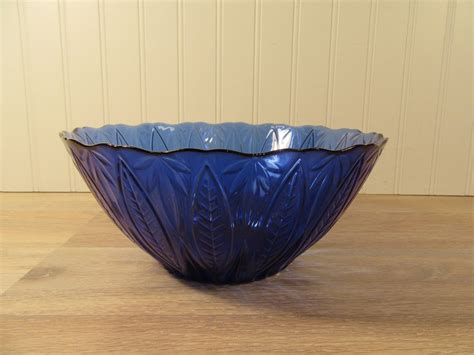 Vintage Cobalt Blue Pressed Glass Serving Bowl Made In Etsy Glass Serving Bowls Serving