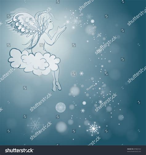 Angel Makes Snowflakes Blue Sky Background Stock Vector Illustration