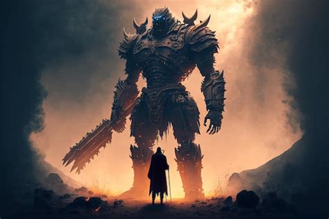 Premium Ai Image A Man Stands In Front Of A Giant Monster With The