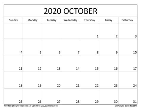 Blank October 2020 Calendar October Calendar 2020 Calendar Template