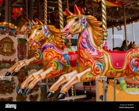 Colorful Carousel Horses Stock Photo Alamy