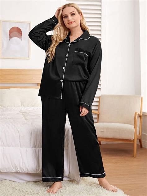 Conjunto de pijama de satén unido en contraste SHEIN USA Plus Size