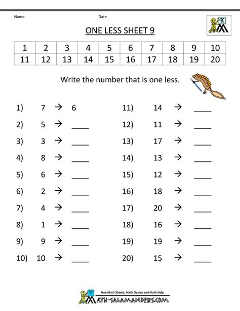 Addition, subtraction, multiplication, and division. printable kindergarten math worksheets one less 9