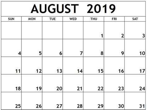 August 2019 Calendar Pdf Monthly Calendar Template Excel Calendar