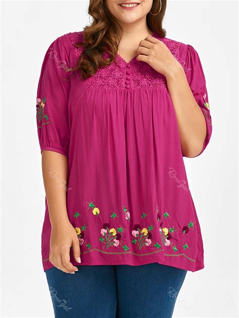 9 Off Plus Size Floral Embroidered Top Rosegal