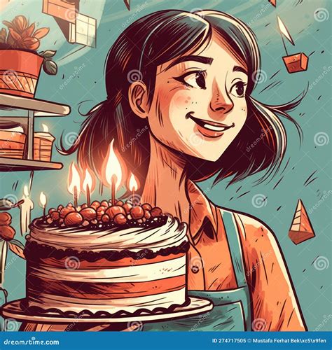 A Girl Is Holding A Cake While Celebrating A Birthday Cartoon Illustration With Generative Ai