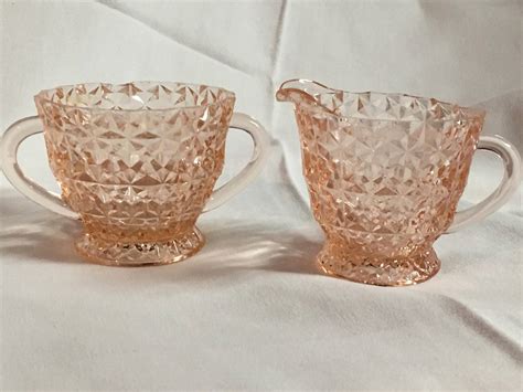 Vintage Antique Pink Depression Glass Cream And Sugar Buttons And Bows Pattern