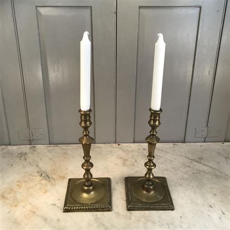 Pair Antique Georgian Brass Square Base Candlesticks Etsy
