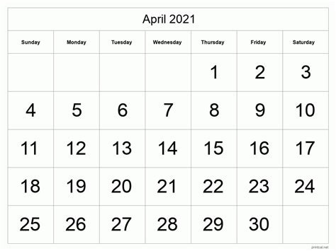 Printable April 2021 Calendar Template 1 Full Page Tabular