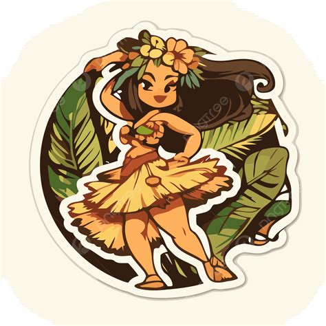 Hula Girl Sticker From Hawaii With Leaves And Flowers Vector Clipart