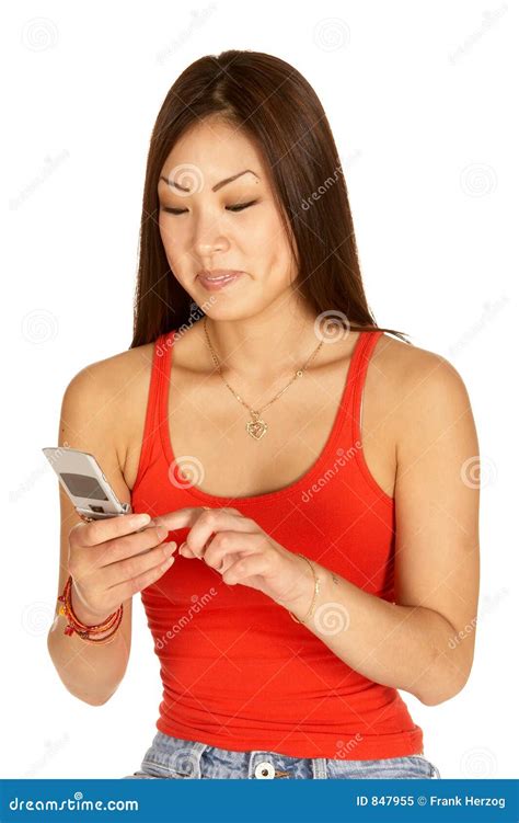 Asian Woman Dialing Cell Phone Stock Image Image Of Communications Phone 847955
