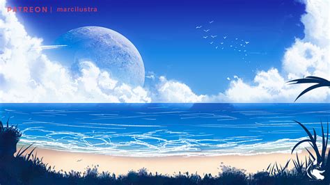 Wallpaper Moon Sky Clouds Beach Sand Sea Ocean View Birds