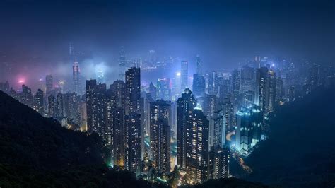 Fond Décran Paysage Urbain Hong Kong Nuit Horizon Gratte Ciel